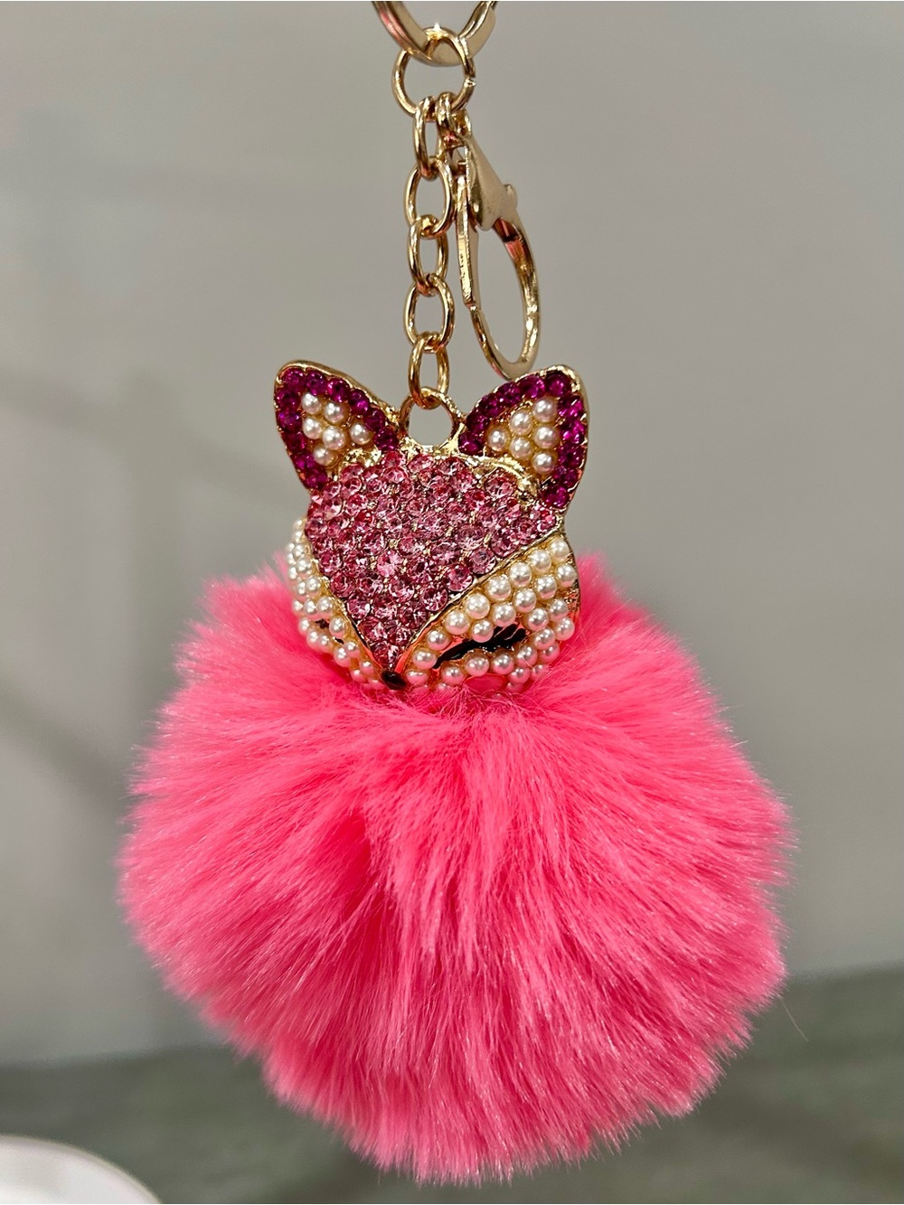 Pink Crystal Fox Pom-Pom Keychain